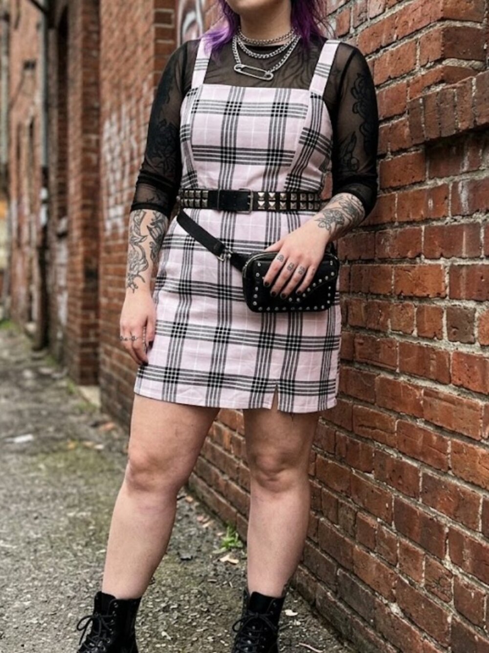 Divided by H&M Lilac Black Plaid Pinafore Mini Dress Pastel Goth Grunge Size M